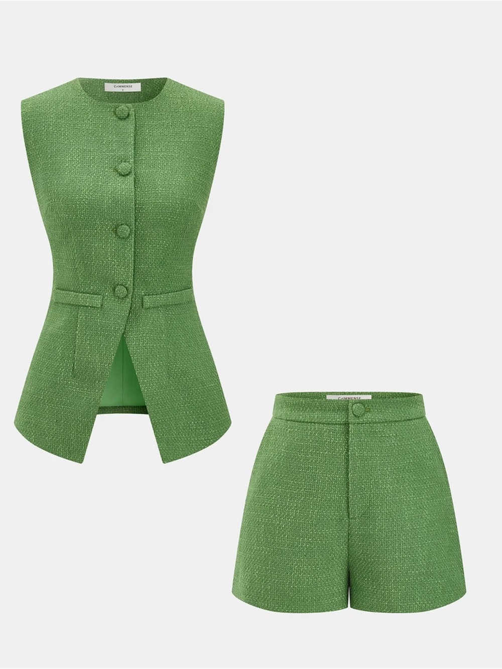 Commense Tweed Sleeveless Vest & Shorts Set - Green - Medium - Picture 2 of 11